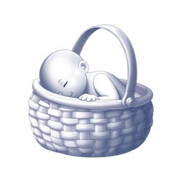 A soft, woven basket resting on a flat surface. Inside the basket, there is a sleeping baby with a gentle smile. The baby's features are relaxed, and tiny hands are curled slightly. The basket has intricate patterns, showcasing the craftsmanship of the weaving. The surrounding area is simple and uncluttered, focusing attention on the basket and the baby within.