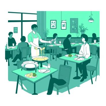 A teal French bistro is filled with wooden tables and chairs set for dining. Patrons are seated around the tables, enjoying their meals and conversing. A waiter with a white apron is serving hot, melted raclette from a large wheel onto plates. The raclette is drizzled over boiled potatoes and accompanied by pickles on the side. Soft, warm lighting illuminates the bistro, creating a welcoming atmosphere. French decor elements, such as framed art and flower arrangements, are visible in the background.