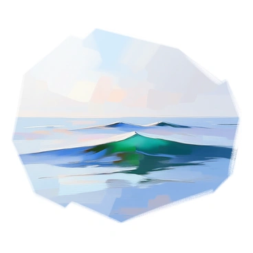 A depiction of the sea featuring smooth, gentle waves that create a soft rhythm across the surface. The horizon line is drawn clearly, separating the sea from a pale sky above. The colors of the waves are a blend of deep blues and soft aquas, while the sky transitions from light blues to soft whites, emphasizing the simplicity of the scene. The overall composition showcases a tranquil and serene atmosphere focusing on the interplay between water and sky.