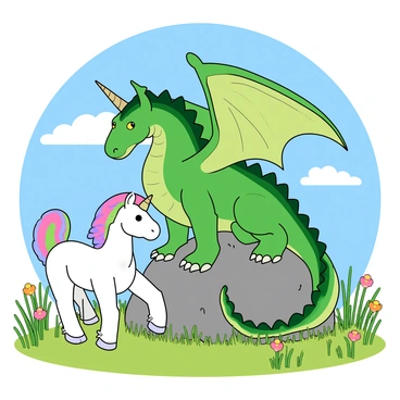 A majestic dragon with emerald green scales and shimmering golden eyes is perched on a large rock in a sunlit clearing. Its large wings are partially spread open, showing intricate patterns on the underside. In front of the dragon stands a graceful unicorn with a long, spiraling horn, a shiny white coat, and a flowing mane that glimmers in shades of pastel colors. The unicorn is gazing curiously at the dragon. Surrounding them are tall grass and wildflowers in vibrant hues, adding a lively touch to the scene. A few fluffy white clouds drift across the bright blue sky above.