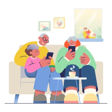 A grandchild with light brown hair is sitting next to their grandparent, who has silver hair and glasses, on a comfortable beige couch. The grandparent is holding a sleek black smartphone in their hands, looking curiously at the screen. The grandchild is pointing at the smartphone with a gentle smile, explaining how to navigate the device. The room is filled with warm natural light coming from a nearby window, illuminating a small coffee table in front of them that holds a steaming cup of tea and a tablet. Family photographs are displayed on the walls, creating a cozy atmosphere.