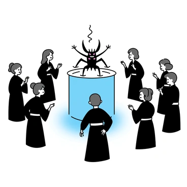 A group of jujutsu sorcerers stands in a circle, each with a determined expression. The sorcerers are wearing traditional dark robes that flow around them. They are positioned with their hands raised, channeling energy to create a shimmering barrier of light. The barrier is a vibrant blue, glowing brightly in contrast to the dark, oppressive atmosphere surrounding them. In the center of the circle, a menacing curse looms, a grotesque figure with sharp claws and glowing red eyes. The tension in the air is palpable as the sorcerers concentrate on their task, united in their effort to fend off the threat.