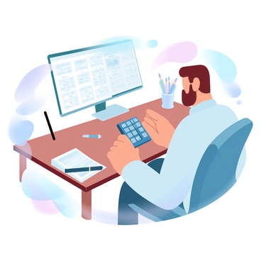 An employee is sitting at a wooden desk, focused on calculating their paycheck. They are using a calculator and have a spreadsheet open in front of them. The calculator displays numbers while the spreadsheet shows various columns and rows filled with financial data. There are stacks of papers and a pen lying next to the calculator. A cup filled with pencils is also on the desk. The lighting in the room casts soft shadows, enhancing the workspace atmosphere.