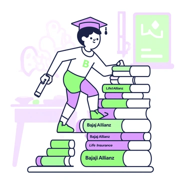 A child wearing a graduation cap is climbing a staircase made entirely of books. Each book is stacked neatly, with the title "Bajaj Allianz Life Insurance" clearly visible on the spines of the books. The child has a look of determination on their face as they ascend the staircase, holding a rolled diploma in their right hand. The background features a soft blur of a classroom setting, with faint outlines of desks and a blackboard, emphasizing the child's achievement.