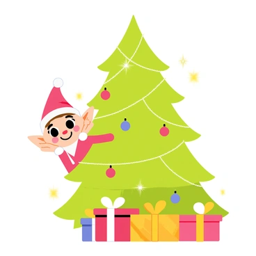 An elf on the shelf with a red outfit and a white collar is peeking out from behind a sparkling Christmas tree. The Christmas tree is adorned with colorful ornaments, twinkling lights, and delicate tinsel. A few presents wrapped in shiny paper are placed at the base of the tree. The elf has a playful expression, with its hands on its cheeks, looking curiously at the viewer. The background features a soft glow from the tree lights, enhancing the festive atmosphere.