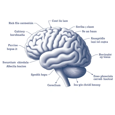 A detailed and intricate diagram of a human brain, presented in monochrome. The brain is centrally located, showcasing its anatomical structure with clearly defined regions. Each part of the brain, including the cerebrum, cerebellum, and brainstem, is labeled with precise text. Lines connect the labels to their corresponding areas, indicating specific functions such as memory, coordination, and sensory processing. The overall layout is organized and educational, designed to effectively convey information about the human brain.