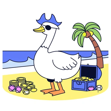 A pirate goose with a black eyepatch is standing proudly on a sandy beach. The goose has a small, tattered pirate hat perched on its head, and its feathers are white with a hint of gray. Surrounding the goose are piles of shiny gold coins and sparkling jewels, glimmering in the sunlight. In the background, there are palm trees swaying gently in the breeze, and the ocean waves are lapping at the shore. A treasure chest partially open sits nearby, revealing more treasures inside.