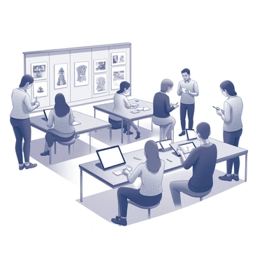 A spacious area set up for an awards event. Several tables are arranged with sleek, modern tablets placed on them. Attendees are gathered around, engaged in the activity of creating their own illustrations. Some individuals are focused on their screens, while others are sharing ideas or admiring each other's work. There are stylus pens next to each tablet, and a large wall in the background features a bulletin board displaying completed illustrations created by participants. The atmosphere is lively and creative, with people interacting and collaborating in this artistic space.