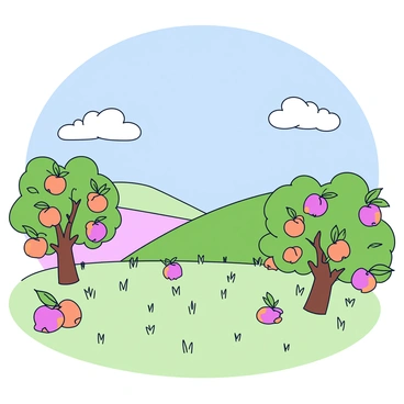 A dreamy landscape with soft rolling hills under a clear blue sky. Delicate peach blossoms are gently floating in the air, creating a whimsical atmosphere. Ripe peaches hang from lush green branches, their orange skin glistening in the sunlight. The scene is filled with a variety of peach trees, their branches adorned with both blooms and fruit. The ground is carpeted with grass and dotted with fallen blossoms and peaches, adding to the enchanting surroundings.