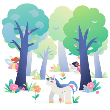 A whimsical forest is filled with glowing flowers in various colors, including blue, pink, and yellow. The flowers emit a soft light that illuminates the forest floor. Various mythical creatures such as fairies with translucent wings and small unicorns are peeking from behind tall, lush trees with thick trunks and vibrant green leaves. The scene is alive with the gentle rustle of leaves and the faint glow of the flowers casting shadows across the ground. Each creature has distinct features, with the fairies adorned in flower petal dresses and the unicorns having shimmering manes.