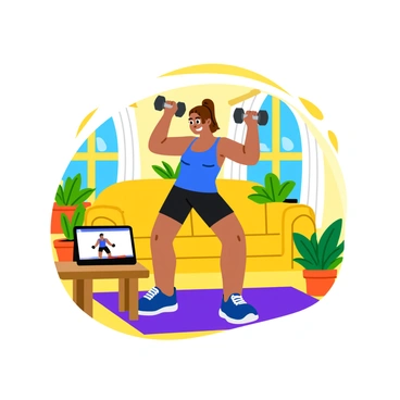 A person with a determined expression is performing lateral raises in a bright living room. The individual has medium-length brown hair tied back and is wearing a fitted blue tank top and black workout shorts. They hold a pair of light dumbbells in each hand, raised to shoulder height. In front of them, on a small wooden table, a tablet displays a virtual fitness instructor demonstrating the exercise. The room is decorated with potted plants and a colorful rug, creating a lively atmosphere. Sunlight streams through a nearby window, illuminating the scene.