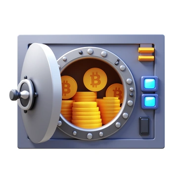 A 3D illustration of a secure digital vault. The vault door is metallic with intricate locking mechanisms. Inside, the vault is filled with numerous golden bitcoins, glimmering and stacked neatly. The vault walls are reinforced, showcasing a high-tech security system with digital displays and glowing lights. Shadows and reflections add depth to the scene, emphasizing the wealth and security of the bitcoins within.