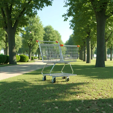 A metal shopping cart with a silver finish is positioned in the center of a scenic park. The cart's wire frame is open and empty, with its wheels slightly muddy from the ground. Surrounding the cart are tall trees with lush green leaves, casting dappled shadows on the grass. The ground is covered with a mix of grass and fallen leaves, creating a natural carpet. In the background, there are softly colored flowers blooming, adding a touch of color to the serene setting. A clear blue sky is visible through the branches, completing the peaceful outdoor scene.