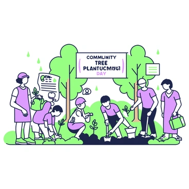 A community event takes place in a park where people of all ages are planting young trees. In the foreground, a group of children are digging holes in the soil with small shovels, their faces showing excitement. Nearby, adults are carefully placing young saplings into the holes, ensuring they are properly positioned. Some individuals are watering the newly planted trees with green watering cans. In the background, a banner hangs between two trees, reading "Community Tree Planting Day." Several colorful informational signs are placed around, explaining the benefits of trees for the environment.