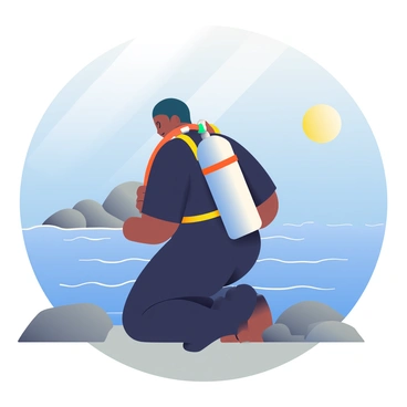 A diver with dark brown skin is wearing a black wetsuit and is kneeling on a rocky shore. They are adjusting a silver oxygen tank that is securely strapped to their back. The diver is focused on connecting a bright orange air hose to the tank. In the background, gentle waves are lapping at the rocks, and a clear blue sky is visible above. The sun is shining brightly, creating reflections on the surface of the water.