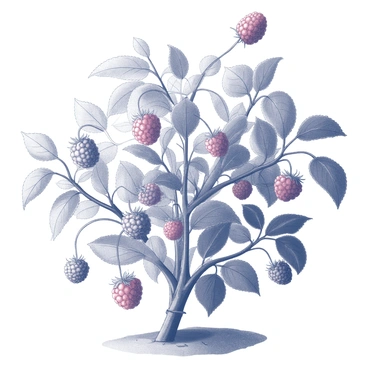 A raspberry bush filled with numerous ripe berries. The bush has many thick, green stems, which are adorned with clusters of plump, dark red raspberries ready for picking. The leaves are lush and broad, displaying a healthy texture with visible veins. The composition captures the intertwining branches of the bush, with some berries nestled among the foliage and others hanging just above the leaves. The background features a hint of soil, suggesting the bush's natural growing environment.