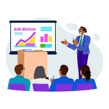 A presenter confidently standing at a podium, wearing a sharp suit and glasses, is addressing an attentive audience. The audience is seated, with notebooks and pens ready, looking engaged and interested. Behind the presenter, a large screen displays "positive data" in vibrant colors, showcasing upward-trending graphs and cheerful infographics. The presenter gestures animatedly towards the screen, emphasizing key points, while the lighting focuses on both the presenter and the data.