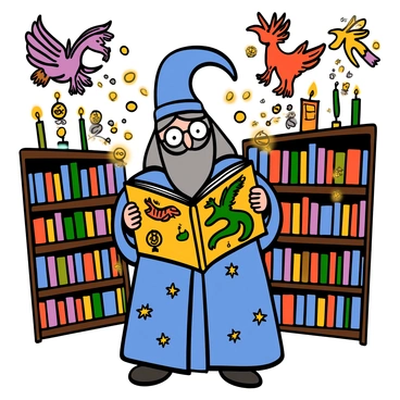 A wizard with long silver hair and a beard, wearing round glasses, is flipping through a large, ancient book that features illustrations of magical creatures. The book is open to a page displaying a vibrant illustration of a dragon. Ethereal illustrations of various magical creatures, such as unicorns and phoenixes, float around him, glowing softly. He is dressed in ornate robes adorned with stars and moons, standing in a cozy library filled with towering shelves of books. The warm glow of candlelight illuminates the scene, highlighting the intricate details in the illustrations around him.