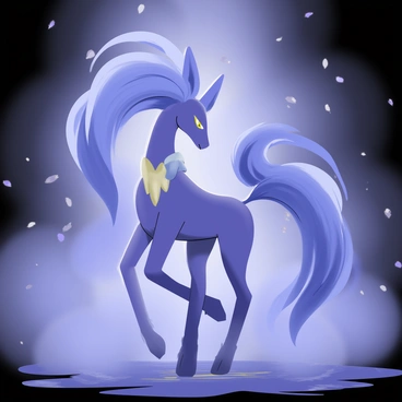 A purple and blue Pokémon, "Suicune," emerges from a thick, swirling "mystic fog." Its elegant body is partially obscured by the fog, allowing only parts of its long, flowing mane and distinctive collar to be seen. The surrounding area is dimly lit, enhancing the ethereal atmosphere. Glimmers of light occasionally break through the fog, revealing glimpses of Suicune's majestic features. The ground is slightly damp, with droplets of water reflecting the faint light.