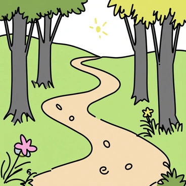 Footprints leading along a winding dirt trail, carved into the lush green forest floor. The trail is flanked by tall trees with thick trunks and vibrant green leaves. Sunlight filters through the canopy, creating patches of light on the ground. The surrounding foliage includes ferns and wildflowers, enhancing the vibrant greenery of the scene.