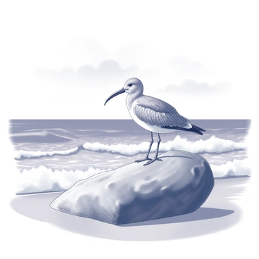 A curlew perched on a large rock by the ocean, with waves crashing below