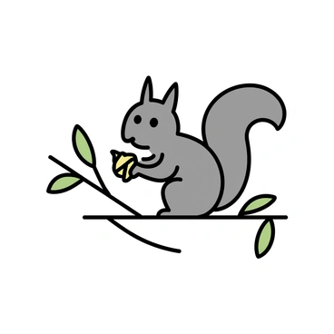 A gray squirrel, with a bushy tail and sharp eyes, is perched at the end of a slender tree branch. The squirrel is holding a pine cone in its paws, nibbling on it with keen interest. The branch extends from a sturdy tree trunk, surrounded by a few green leaves. The background features a soft blur of additional foliage, emphasizing the squirrel’s focus on the pine cone.