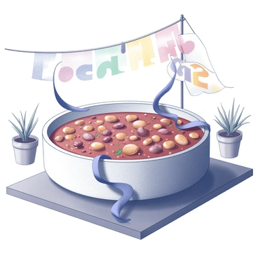 A bowl of chili placed prominently on a wooden table. The chili is thick and hearty, featuring various beans, chunks of meat, and spices visible in the rich texture. Above the bowl, a blue ribbon is draped elegantly, signifying an award for the winning dish. The background includes a colorful banner that reads "Local Fair". There are decorative elements like small potted plants on either side of the bowl, adding to the festive atmosphere. The lighting highlights the bowl, emphasizing its appeal and the details of the chili.