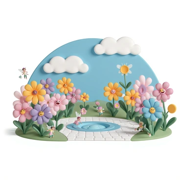 A vibrant garden filled with an array of colorful flowers, each with distinct patterns and shades. The flowers have animated faces, with some smiling and others laughing, creating a lively atmosphere. Small magical creatures, like fairies with translucent wings and tiny elves wearing leafy garments, are interacting with the flowers. A bright blue sky with fluffy white clouds provides the backdrop, while a path made of cobblestones winds through the garden, leading to a sparkling pond at the center. The scene is lively, teeming with magic and whimsy.