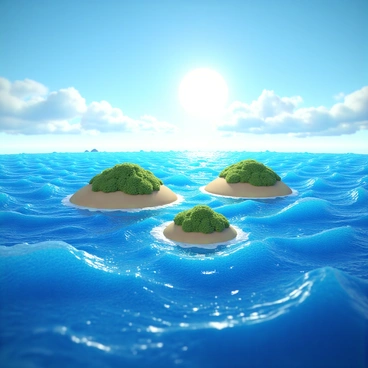 A vast ocean with shimmering blue water, where SQL keywords such as "SELECT," "FROM," and "WHERE" float like islands above digital waves. The waves are composed of binary code, creating a dynamic and fluid motion. Each island is distinct, featuring vibrant colors and textures that represent their respective keywords. The sky above is a gradient from deep blue to light azure, with soft clouds reflecting the light of a bright digital sun.