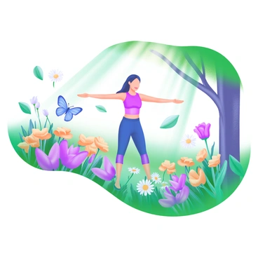 A peaceful garden setting filled with various colorful flowers, such as daisies, tulips, and roses. In the center of the garden, a person is engaged in scapular retraction exercises, standing with arms extended out to the sides. The individual is wearing comfortable athletic clothing and has a focused expression. Sunlight filters through the leaves of nearby trees, casting gentle shadows on the vibrant flower beds. Surrounding the scene are butterflies fluttering among the flowers, adding life to the serene atmosphere.