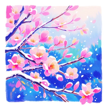 Snow is gently falling on delicate cherry blossom branches. The branches are adorned with soft pink flowers, some of which are partially covered by the light dusting of snow. The scene captures a contrast between the vibrant pink of the blossoms and the white of the snow. A few snowflakes are suspended in the air, adding to the tranquil atmosphere. The background hints at a serene landscape, with hints of greenery peeking through.