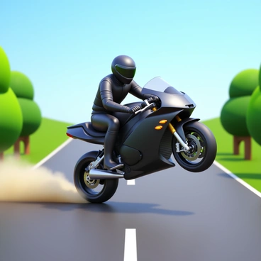 A motorcyclist in a black leather jacket and helmet is expertly performing a wheelie on a sleek sport motorcycle. The motorcycle is tilted back, with the front wheel lifted high off the asphalt, showcasing its powerful engine. The open road stretches out ahead, flanked by green trees and a clear blue sky. The sunlight glints off the chrome details of the motorcycle, highlighting its dynamic design. Dust kicks up from the rear tire, emphasizing the speed and skill of the rider as they maintain balance in this thrilling maneuver.