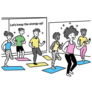 A vibrant aerobics studio filled with diverse participants engaged in a lively dance aerobics session. In the foreground, a woman with curly hair, wearing a bright pink tank top and black leggings, leads the group with enthusiasm. Surrounding her are individuals of various ethnicities and body types; a tall man in a green t-shirt and shorts, a middle-aged woman in a blue sports bra and patterned leggings, and a young man sporting a yellow hoodie and sweatpants, all following the movements energetically. The room has large mirrors reflecting the group, and colorful exercise mats are spread across the floor. "Let’s keep the energy up!" is written on a wall in bold letters.