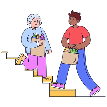 An elderly person with gray hair wearing a light blue sweater is standing at the bottom of a set of stairs. The elderly person is smiling gratefully while holding a reusable shopping bag filled with groceries. A young neighbor, with short brown hair and wearing a red t-shirt, is helping by carrying a heavy grocery bag. The young neighbor is positioned next to the elderly person, both facing the stairs. The staircase is simple, with wooden steps and a handrail.