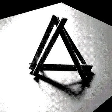 A classic Penrose triangle is positioned prominently on a wooden table. The triangle is composed of three straight beams, each interlocking uniquely to create the impossible shape. The surface of the table features a rich grain texture, and the triangle casts intricate shadows due to the light source above. The environment around the table is simple, allowing the focus to remain on the geometric figure. The triangle appears to defy the laws of geometry, with its distinctive three-dimensional form creating an intriguing optical illusion.