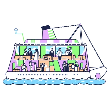 A lavish cruise ship is shown gliding across the water, with a majestic silhouette against the horizon. The interior features Art Deco design elements, characterized by geometric patterns and luxurious finishes. Inside, elegantly dressed passengers in formal attire, including suits and evening gowns, are socializing and enjoying their surroundings. Ornate light fixtures hang from the ceiling, and the polished wooden floors reflect the soft glow of ambient lighting. Large windows reveal glimpses of the sea outside, creating a warm and inviting atmosphere as guests mingle around stylish seating areas.