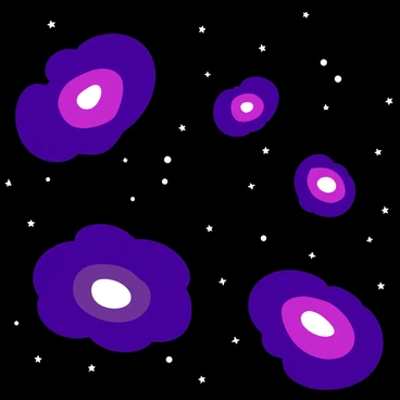 A galaxy scene featuring swirling purple nebulas in various shapes and sizes. The nebulas are filled with bright white and pink highlights, giving them a vibrant look. A multitude of distant stars twinkle across the dark expanse of space, with some stars appearing larger and brighter than others. There are clusters of stars that form patterns, adding depth to the scene. The overall composition showcases the vastness of the universe, with the purple hues creating a striking contrast against the black background.
