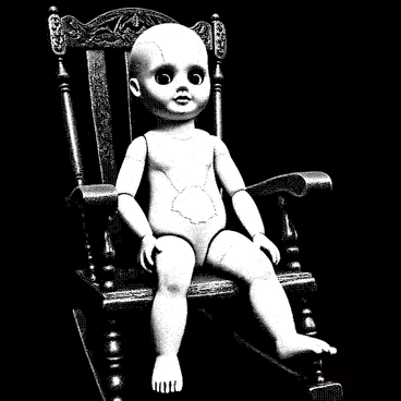 A cracked porcelain doll is positioned in an old rocking chair. The doll has an expressionless face with deep cracks running across its surface, highlighting its fragile features. Its glassy eyes are wide open and staring blankly ahead, giving a sense of eeriness. The rocking chair is made of dark wood, with intricate carvings on the arms and backrest, suggesting age and wear. The surrounding area is dimly lit, adding to the overall atmosphere.