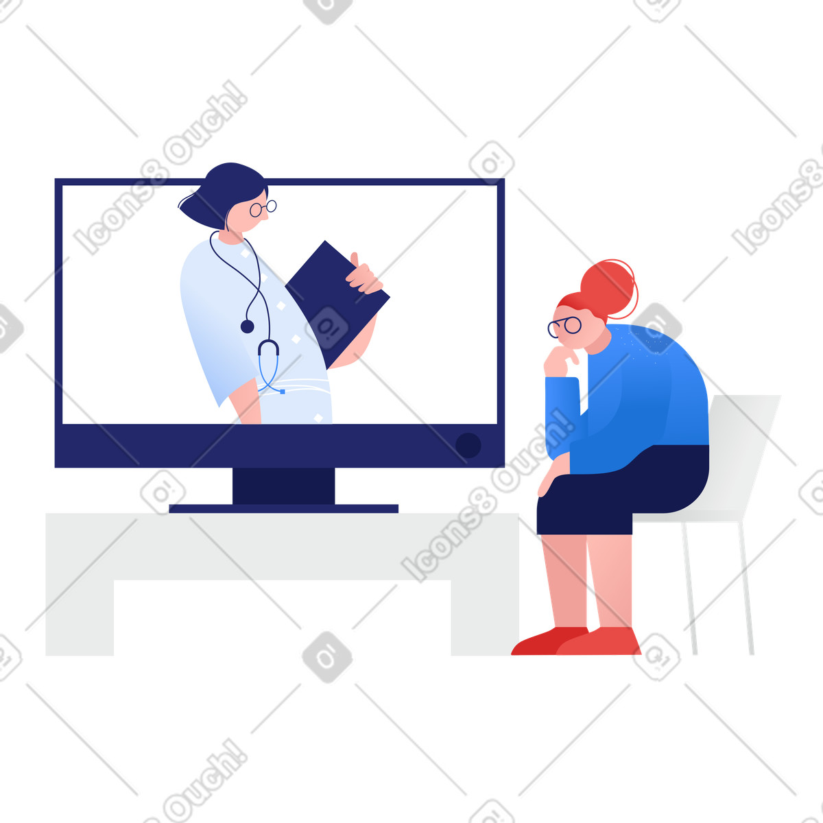 Ilustración Old woman watching tv with advices from a doctor en estilo Clip descargar en PNG y SVG