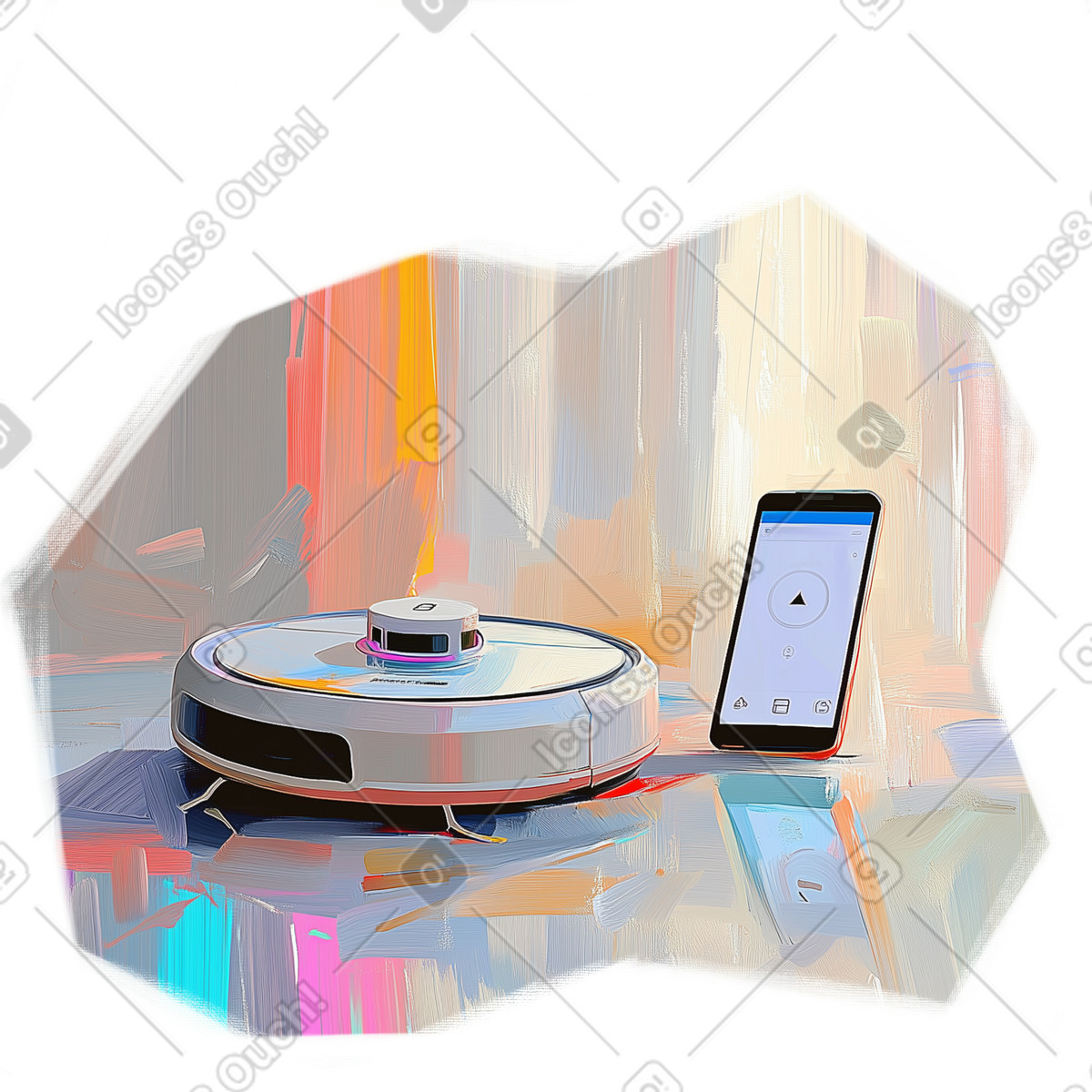 Oil painting of controlling robot vacuum cleaner via smartphone illustration in Pictorial style download in PNG, SVG