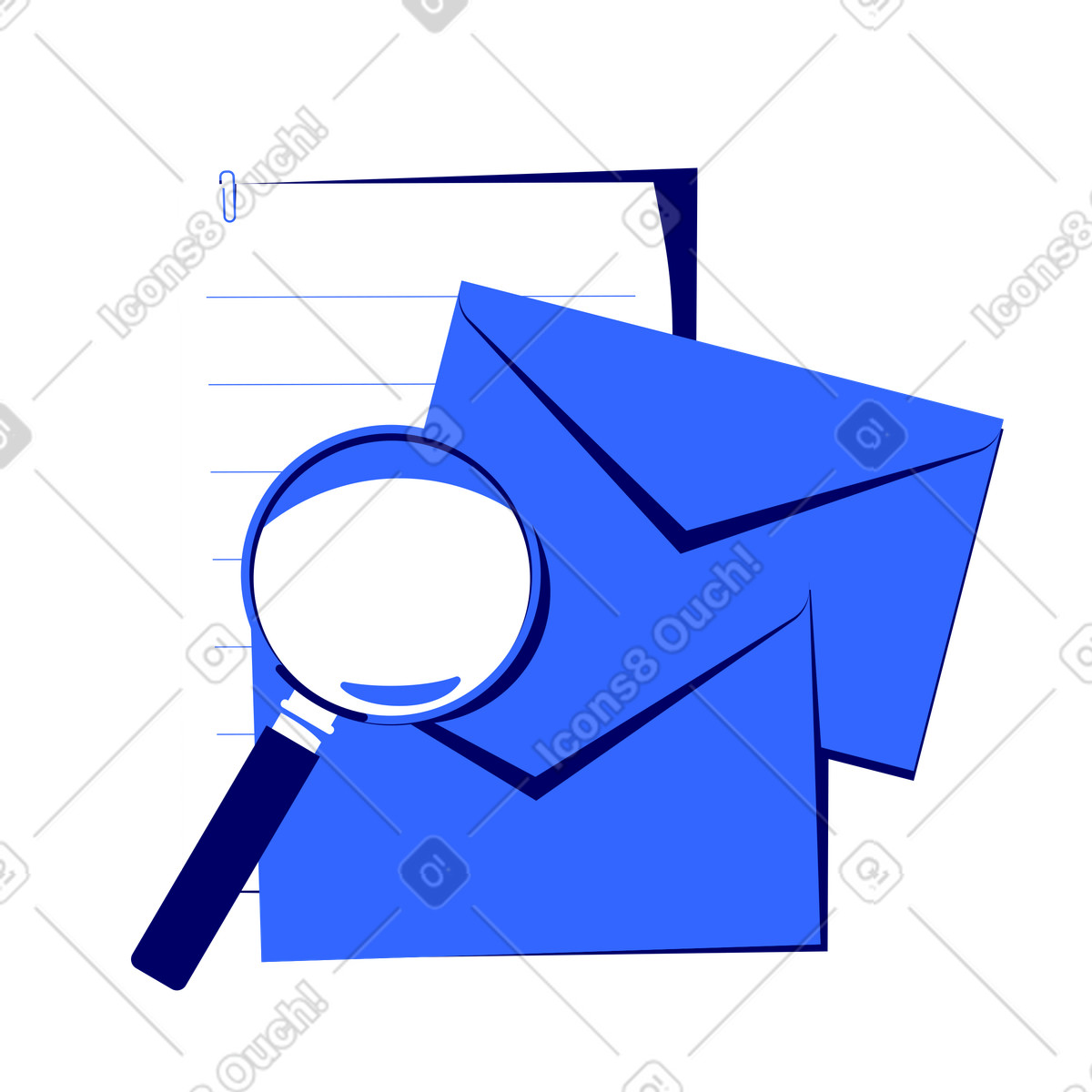 Illustration Loupe avec enveloppes et document dans le style Lounge à télécharger aux formats PNG, SVG