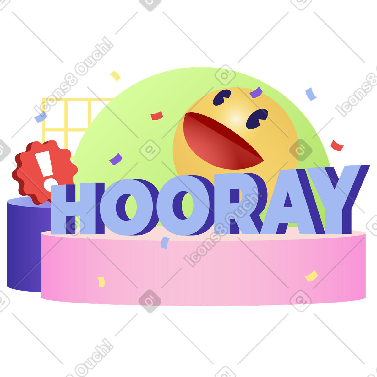 Ilustração de Letras hooray com sinal exclamação e texto sorriso em no estilo Levels para baixar em PNG, SVG