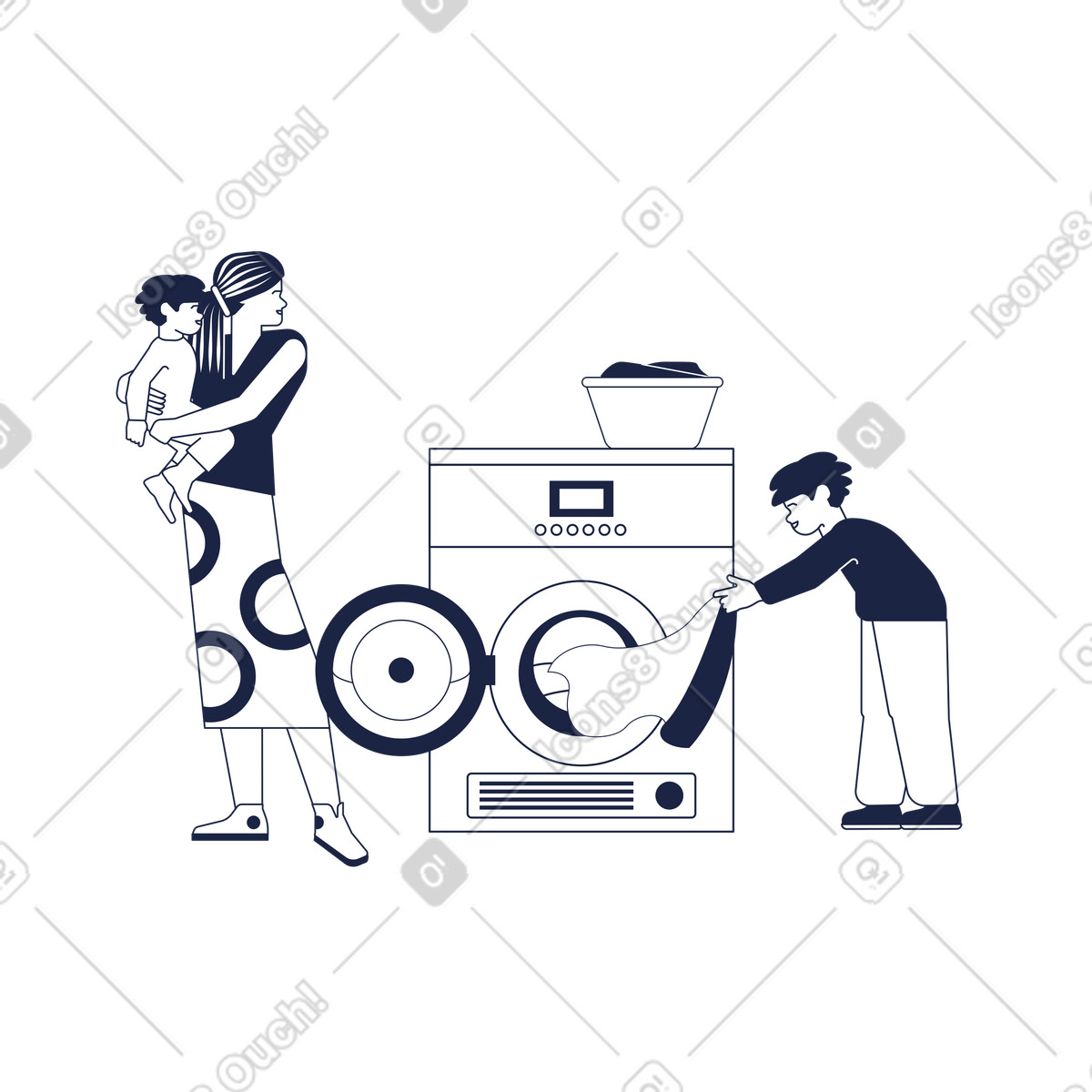 Child helps his mother with laundry illustration in Urban Line style download in PNG, SVG