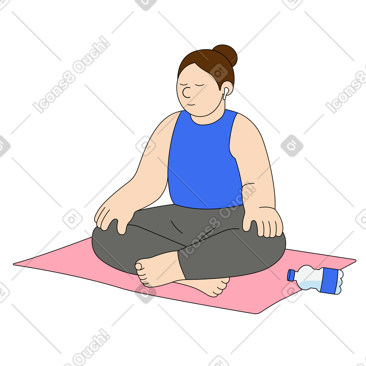 Illustration Jeune femme méditant sur un tapis de yoga dans le style Kindy à télécharger aux formats PNG, SVG