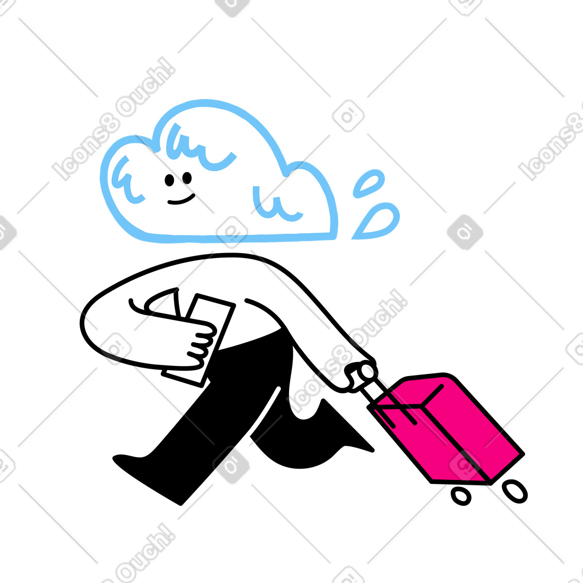 下载 Giggle 风格的 头戴云朵的卡通人物航班晚点了 插画，支持 PNG、SVG 格式