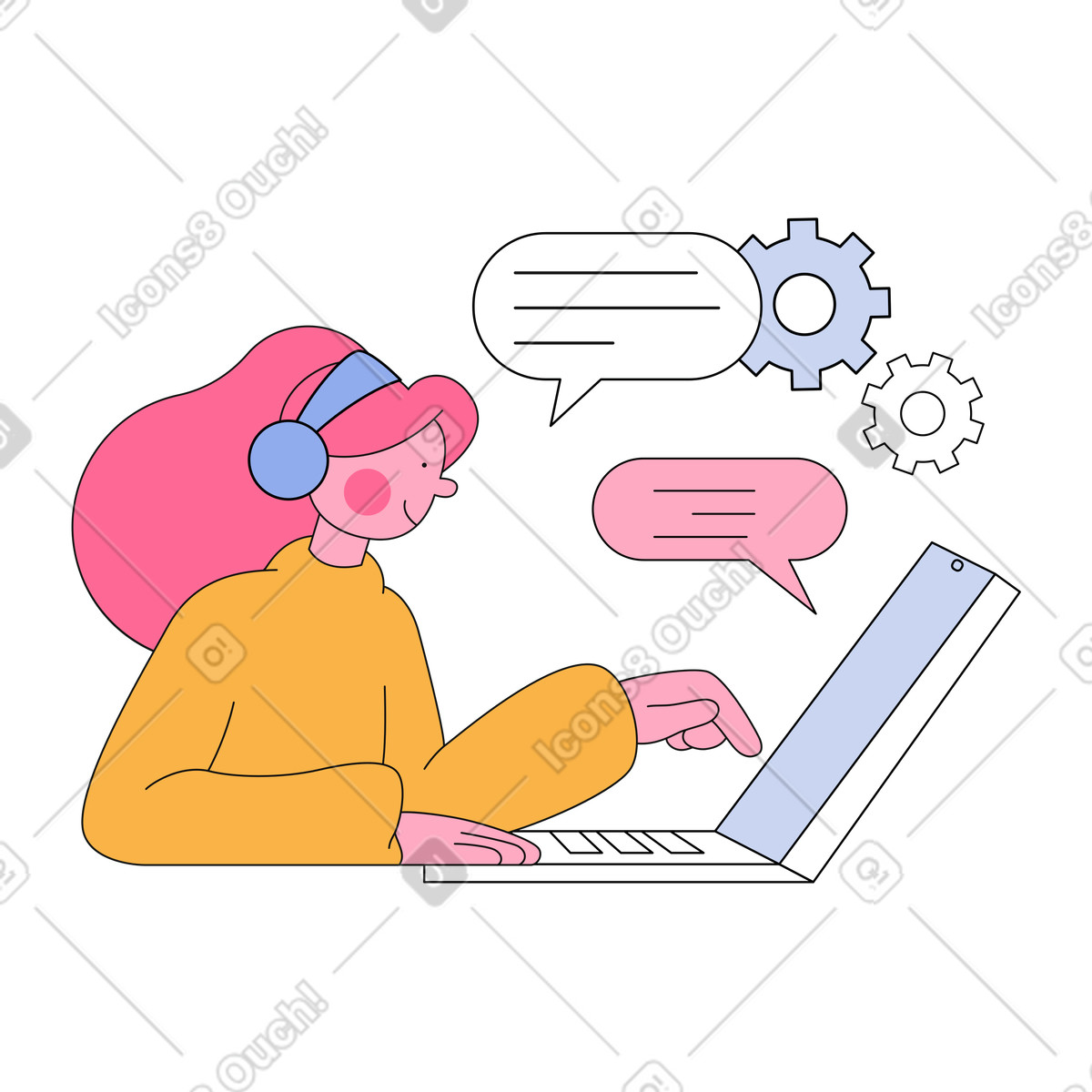 Weibliche support-spezialistin arbeitet am laptop-Illustration im Bloom-Stil als Download in PNG, SVG