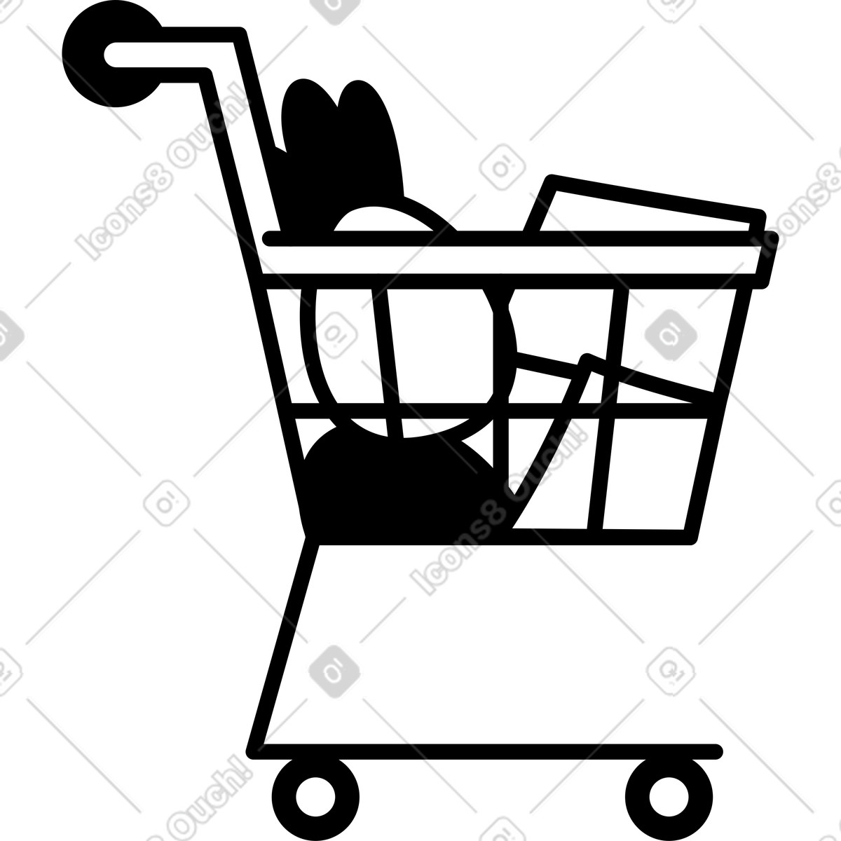 Ilustração de Shopping cart filled with groceries and paper bag silhouette icon em no estilo Notion Line Art para baixar em PNG, SVG