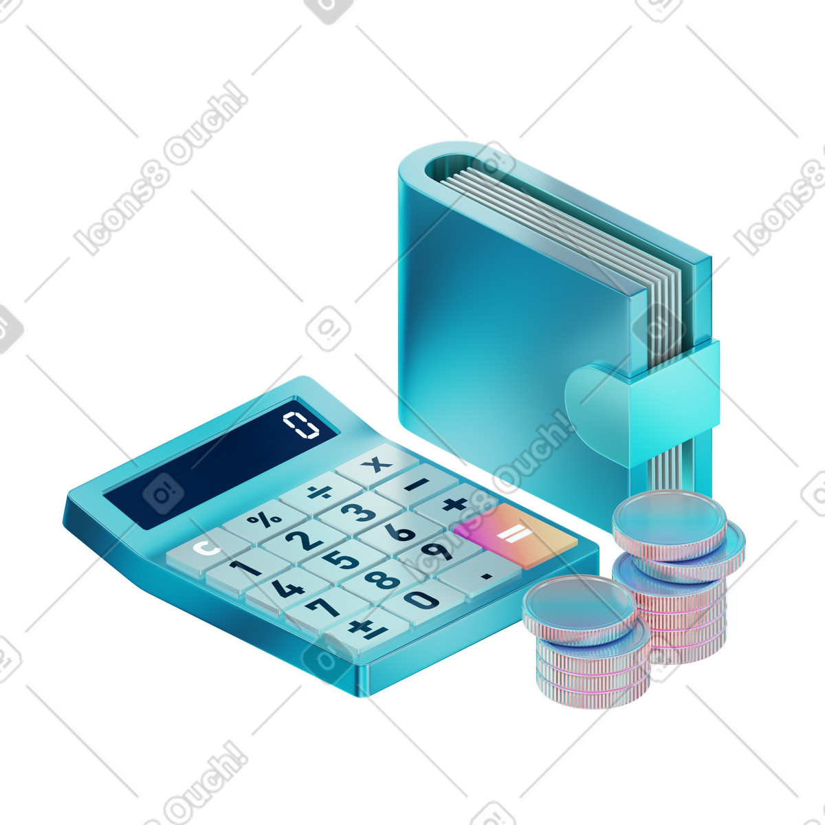Анимированная иллюстрация Financial literacy with calculator and wallet в стиле 3D Glare — скачать в форматах GIF, Lottie (JSON), AE