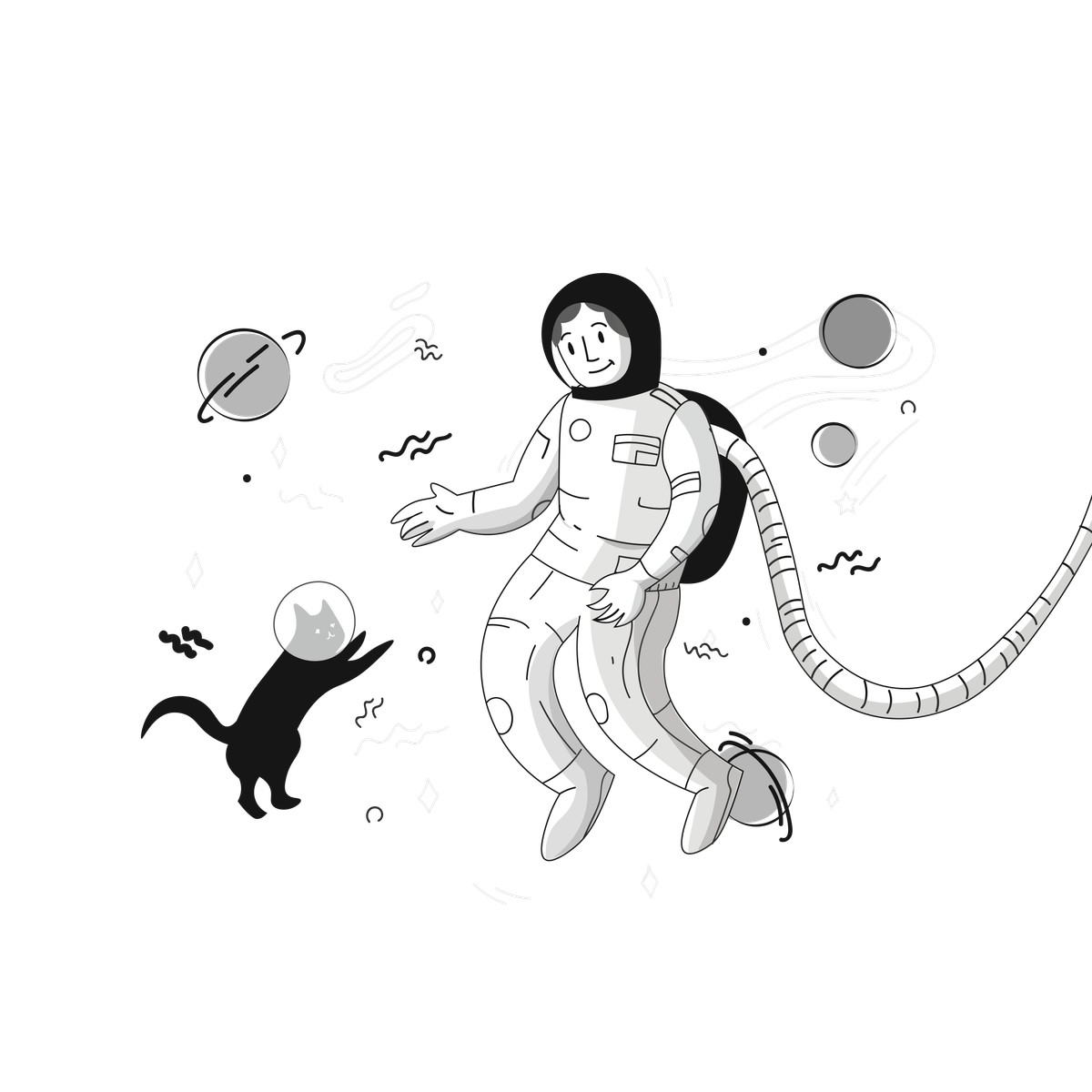 Astronaut and cat floating in space, Cosmic teamwork exploration-Illustration im Pixeltrue-Stil als Download PNG, SVG