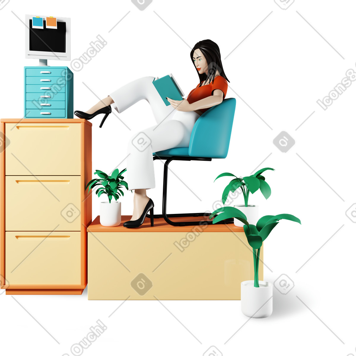 Uomo che legge il libro in ufficio con le piante illustrazione in stile 3D Plastic people scarica in PNG, SVG